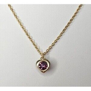 Gold Tone Purple Glass Heart Pendant Necklace 16"L